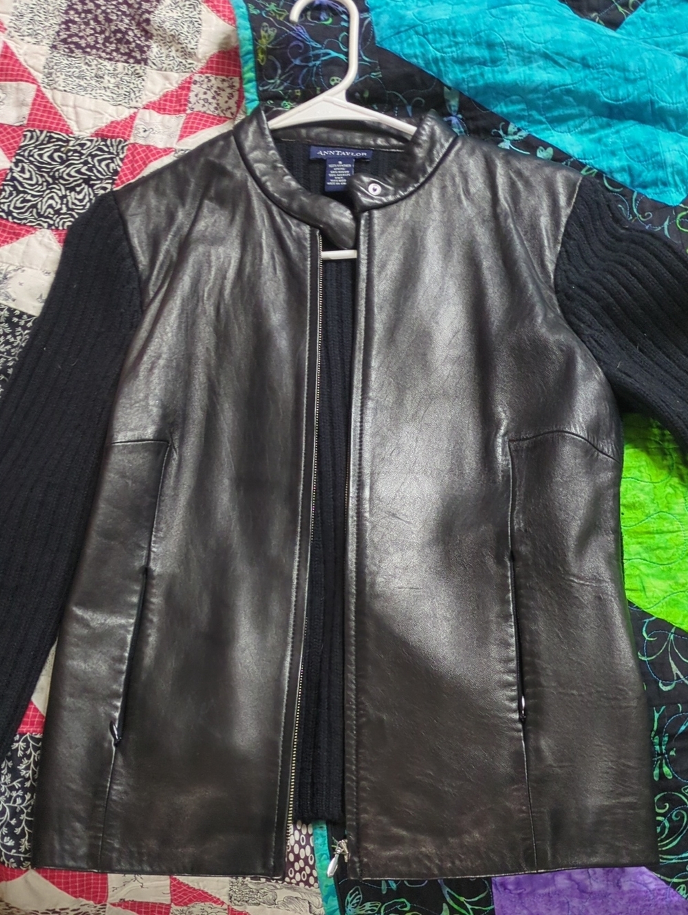Ann Taylor Black Leather Jacket with Knit Sleeves